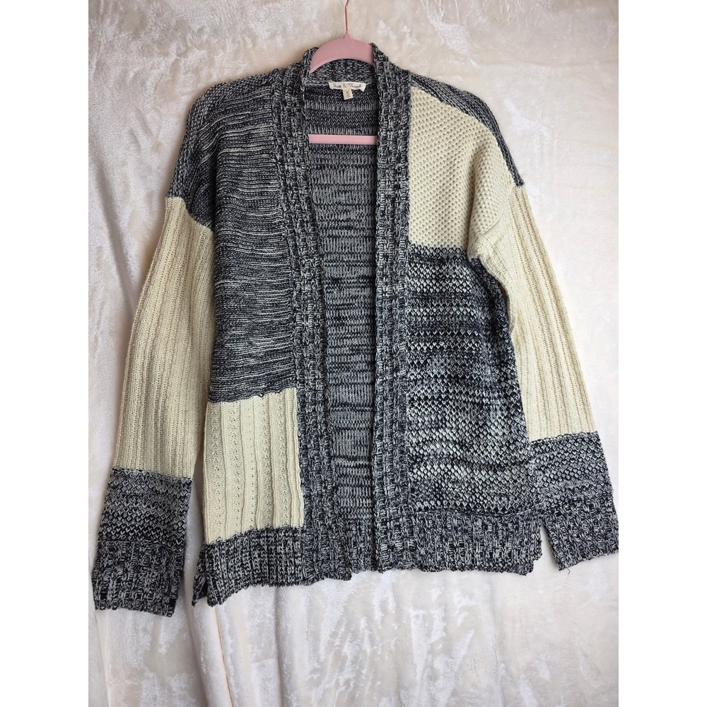 Hem & Thread Patchwork Knit Cardigan Sweater Cream Black Speckled Size M‎